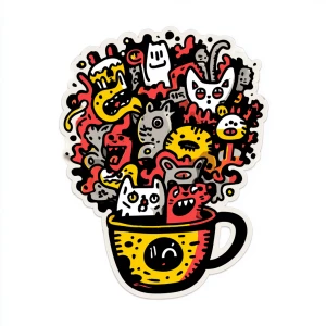 kiss cut sticker off a hand-drawn coffee cup overflowing with ch...