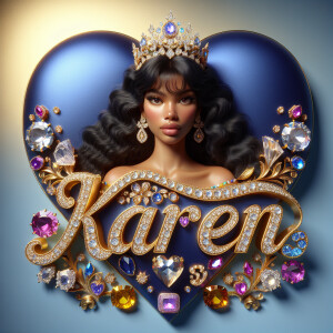 Craft a 3-D image showcasing the name 'KAREN' in a luxurious gol...