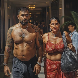 Hyperrealism.A sweaty  man walking with his mother in law with n...