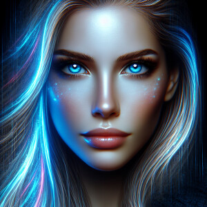 Head shot of a beautiful woman with bright blue eyes and long bl...