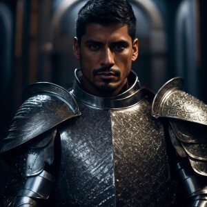 Hyper realistic photo of a Latino man as a medieval night in shi...