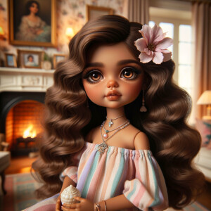 Create an image of a stylized, Latino brown skin doll-like girl seated in a cozy living room with a warm fireplace. She has voluminous, wavy hair cascading over her shoulders, tinted with shades of chestnut and mocha. Her large, expressive eyes are a deep brown, fringed with long, fluttery lashes. A delicate pink flower tucks behind one ear, complementing her youthful glow. She wears a pastel-striped summer dress with soft, flowing fabric that drapes elegantly over her small frame. Around her neck is a dainty necklace adorned with beads and a gentle sprinkle of gemstones reflecting subtle light. In her hand, she holds a pearly seashell as a charming accessory. Behind her, the living room is inviting, with plush furnishings, a mantelpiece adorned with family photos and trinkets, and a crackling fireplace that casts a comforting glow and dancing shadows around the room, enhancing the ambiance of a serene home setting