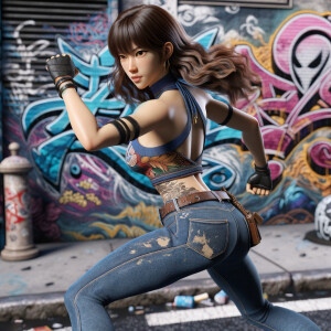 Athletic Thin skinny Attractive, Asian teenage girl, long brown hair and bangs, wearing tight skinny jeans and a halter top paint marks on her clothing, heroic pose Asian graffiti background, backside view