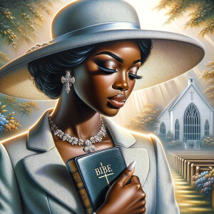 Render an airbrush oil painting of an African American woman with flawless makeup in a
contemplative pose, holding a Bible close to her heart, dressed in an elegant Sunday Best
outfit with a distinctive Church Hat. The background features a peaceful church garden,
with light filtering through the trees, highlighting her spiritual connection and the personal
moment of reflection. The artwork should capture the tranquility of the scene, the beauty
of her attire, and the depth of her contemplation, reflecting a serene and spiritually