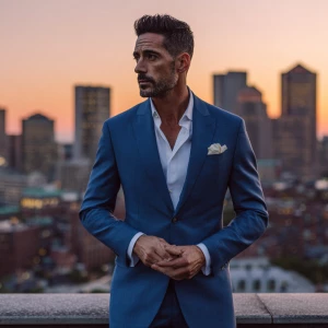 The image captures a well-dressed man standing on a high-rise ba...