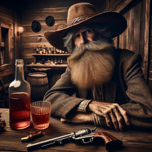 A whimsical old prospector, grizzly, long beard wide brim, cowbo...