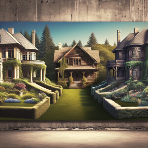 A scene of two mansions with an old country home in disrepair si...