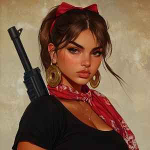 girl with brown hair, thick eyebrows, pumped up lips, potato nos...