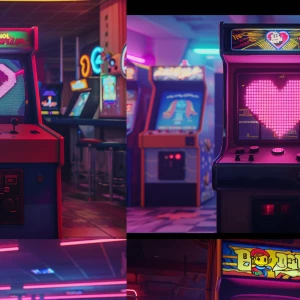 /imagine prompt: cinematic scene inside a neon-lit 1980s arcade,...