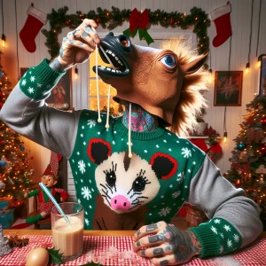 A photo of a Caucasian male with a horse head mask and tattoos w...