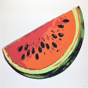 Generate a vibrant colorful image of a whimsical, juicy slice of...