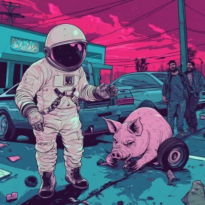 Cute cartoon pig in vintage white spacesuit and NASA style helme...