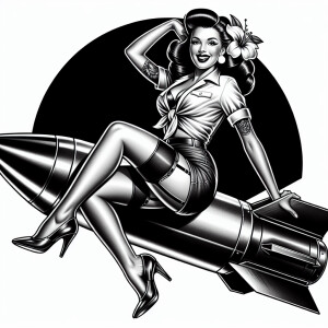 Wwii pinup sitting on a bomb in an old school tattoo style
