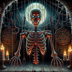 Airbrushed acrylic, surreal horror fantasy- A  skeleton  hangs s...