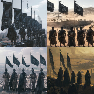 Generate a picture of 5 Muslim army generals with their backs sh...
