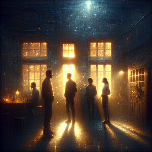 Two men and one woman are standing in a room in which the window...