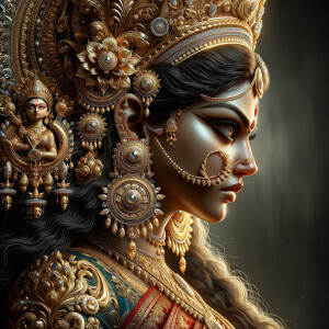 Side view portrait of  gorgeous and extremely angry goddess durga. intricately detailed depiction of a goddess. gold jewelry all over body. ultra detailed face. Wearing red saree, a lot of gold ear piercings, huge gold crown on head, uhd, hdr, 64k, epic, ultra detailed face