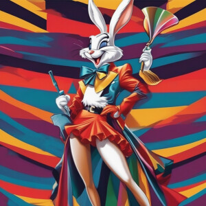 Anthropomorphic looney tunes bugs bunny as a drag Queen, on stag...