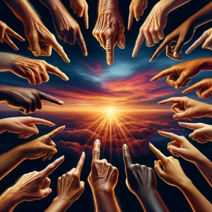 Generate a hyper-realistic detailed image of several hands point...