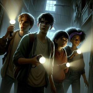 Four teenagers are in a dark scary mansion.