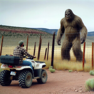 A man on an ATV observes at 35 feet away a 14-foot-tall, humanoi...