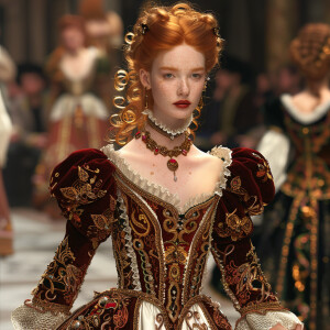 Create a photorealistic image of a light ginger-haired model wal...