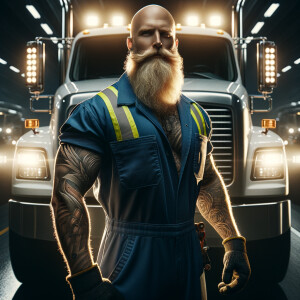 Show me a cinematic photo of a chubby bearded man with bald head...