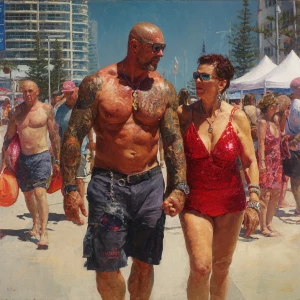 Hyperrealism,painting.a muscular beefy sweaty tattoed australian...