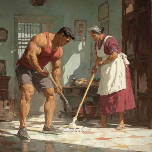 realism. A muscular indian man exercising in his house while his...