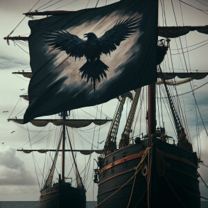 One ship is moored to another ship, on which hangs a flag with t...
