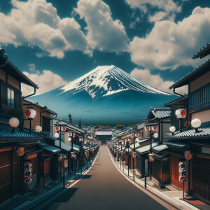 Front view, symmetrical. A straight traditional Japanese street,...