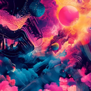Design a vibrant electronic music album cover that embodies a fu...