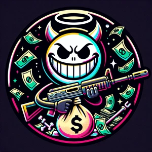 Design a cartoon-style circular logo featuring a cheeky demon we...