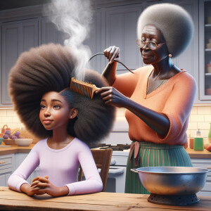 Create a realistic 3-D image of an african-American grandmother in the kitchen with her african-American granddaughter. The grandmother has a hot comb in her hair and she is straightening her granddaughters hair. One side of her granddaughters hair is in  a Afro the other is bone straight 
There is smoke coming from the hot comb