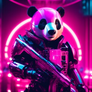 Robotic panda bear with guns in shiny metallic suit with pink li...