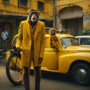 Man standing  with car or bike  which is half panting done in ye...