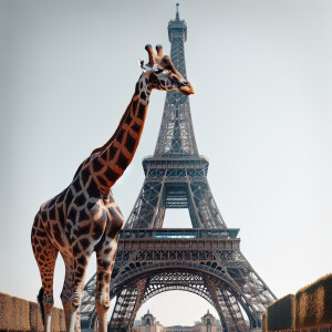 Giraffe standing infront of eiffel tower