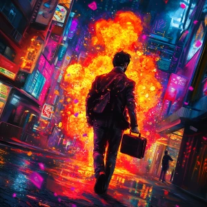 , holding a briefcase stuffed with glowing crypto coins — dramat...