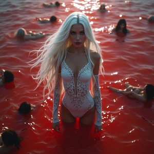 A beautiful  vampire woman with long metallic white  hair wearin...