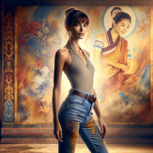 Athletic Thin skinny Attractive, Asian teenage girl, long brown hair and bangs, wearing tight skinny jeans and a halter top paint marks on her clothing, heroic pose Asian graffiti background, backside view