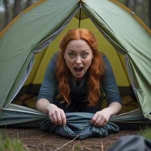 Image of a ginger haired woman comically setting up a tent, with...