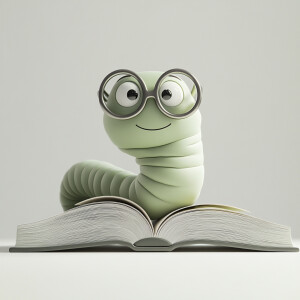 Create an image of a whimsical green, happy worm with a charming...