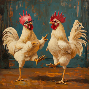 Two rooosters, one a bit fat pecks grains and wear glasses and a...