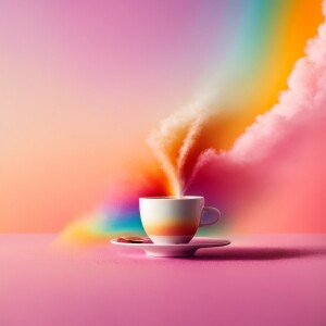 fox drinking coffee, rainbow background