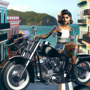 Creat a masterpiece of a beautiful purter rican woman with tattoos sitting on a shiny black Harley Davidson