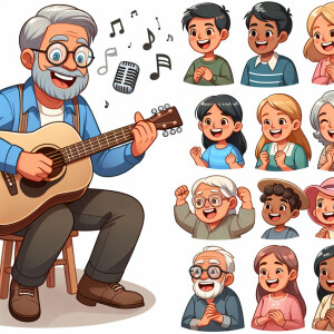 Cartoon of happy Grampa playing guitar for his family