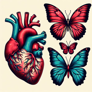 Heart and lungs morphing into butterflies in an old school tatto...