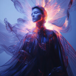 Portrait of a transcendent sorceress standing at the nexus of al...