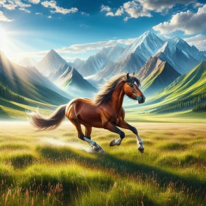 Create an image of a wild horse galloping across a scenic grassl...