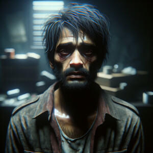 Create a hyper-realistic portrayal of a man in his 30s, visibly...